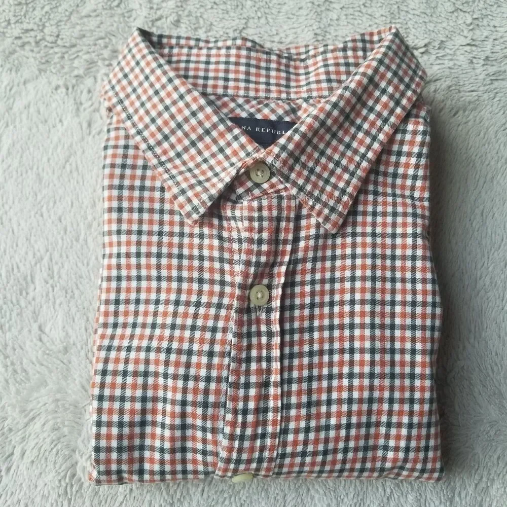 Banana Republic Check Shirt Men's 16 16.5 L Casual Plaid Colorful Orange Grid